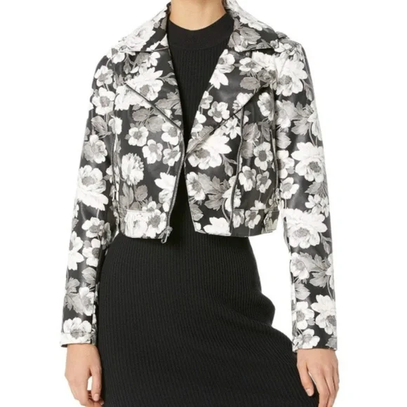 🔥SOLD🔥Sam Edelman Gray Black White Vegan Leather Floral Moto Jacket Size S NWT - Picture 3 of 9